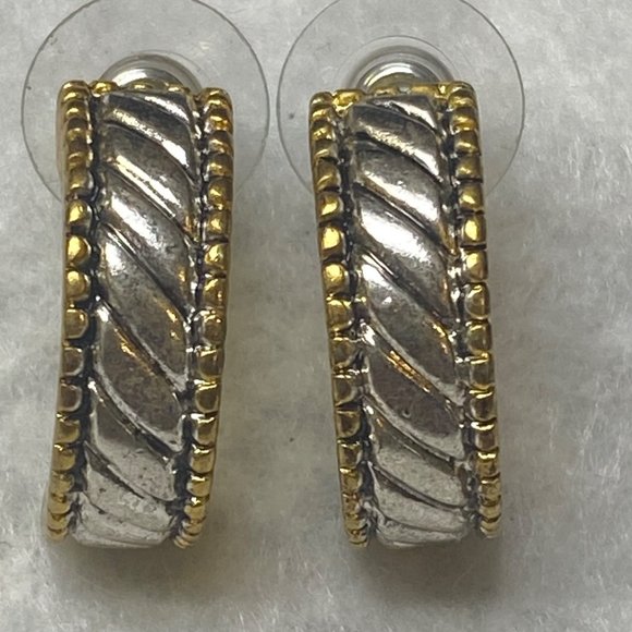 Silver Gold Tone Earrings Vintage Moon Half Circle Rope Edge Accent Pierced Stud - Picture 3 of 16